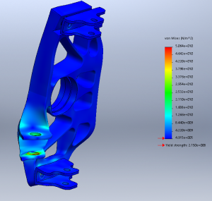 FEA results from a simulated steering shock, perhaps from a cone strike. Deflection is exaggerated, thankfully.