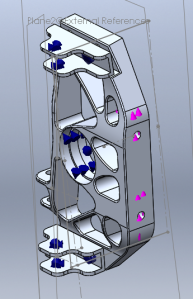 Setting up the fixtures and loads on the upright. This is simulating a brake test, with a vertical load applied to the brake mounts